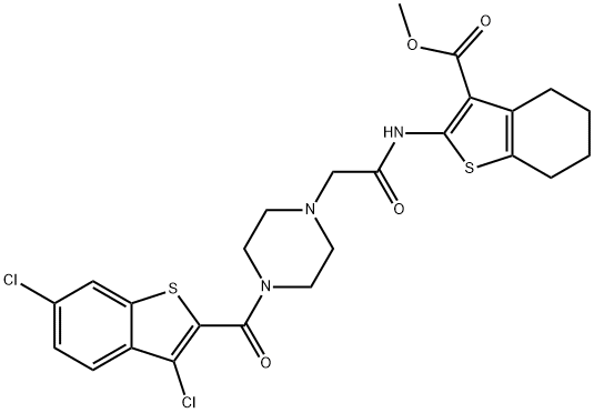 methyl 2-(2-(4-(3,6-dichlorobenzo[b]thiophene-2-carbonyl)piperazin-1-yl)acetamido)-4,5,6,7-tetrahydrobenzo[b]thiophene-3-carboxylate Struktur