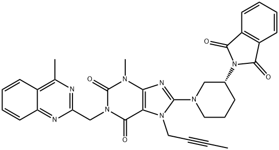 1H-Purine-2,6-dione, 7-(2-butyn-1-yl)-8-[(3R)-3-(1,3-dihydro-1,3-dioxo-2H-isoindol-2-yl)-1-piperidinyl]-3,7-dihydro-3-methyl-1-[(4-methyl-2-quinazolinyl)methyl]- Struktur