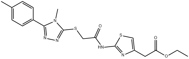 ethyl 2-(2-(2-((4-methyl-5-(p-tolyl)-4H-1,2,4-triazol-3-yl)thio)acetamido)thiazol-4-yl)acetate Struktur