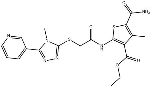 ethyl 5-carbamoyl-4-methyl-2-(2-((4-methyl-5-(pyridin-3-yl)-4H-1,2,4-triazol-3-yl)thio)acetamido)thiophene-3-carboxylate Struktur