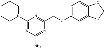 4-[(1,3-benzodioxol-5-yloxy)methyl]-6-(1-piperidinyl)-1,3,5-triazin-2-ylamine Struktur