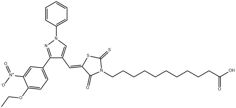 (Z)-11-(5-((3-(4-ethoxy-3-nitrophenyl)-1-phenyl-1H-pyrazol-4-yl)methylene)-4-oxo-2-thioxothiazolidin-3-yl)undecanoic acid Struktur