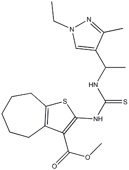 methyl 2-(3-(1-(1-ethyl-3-methyl-1H-pyrazol-4-yl)ethyl)thioureido)-5,6,7,8-tetrahydro-4H-cyclohepta[b]thiophene-3-carboxylate Struktur