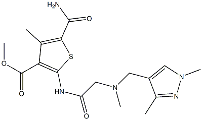 methyl 5-carbamoyl-2-(2-(((1,3-dimethyl-1H-pyrazol-4-yl)methyl)(methyl)amino)acetamido)-4-methylthiophene-3-carboxylate Struktur