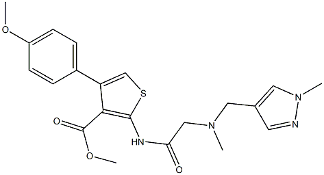 methyl 4-(4-methoxyphenyl)-2-(2-(methyl((1-methyl-1H-pyrazol-4-yl)methyl)amino)acetamido)thiophene-3-carboxylate Struktur