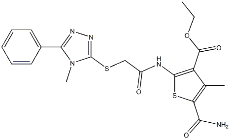 ethyl 5-carbamoyl-4-methyl-2-(2-((4-methyl-5-phenyl-4H-1,2,4-triazol-3-yl)thio)acetamido)thiophene-3-carboxylate Struktur