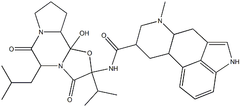 N-(10b-hydroxy-5-isobutyl-2-isopropyl-3,6-dioxooctahydro-2H-oxazolo[3,2-a]pyrrolo[2,1-c]pyrazin-2-yl)-7-methyl-4,6,6a,7,8,9,10,10a-octahydroindolo[4,3-fg]quinoline-9-carboxamide Struktur