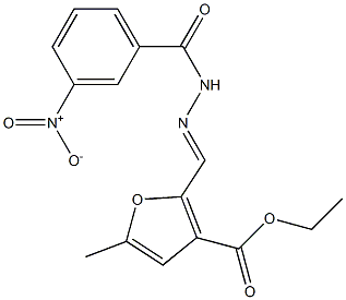 (E)-ethyl 5-methyl-2-((2-(3-nitrobenzoyl)hydrazono)methyl)furan-3-carboxylate Struktur