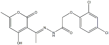 (E)-2-(2,4-dichlorophenoxy)-N'-(1-(4-hydroxy-6-methyl-2-oxo-2H-pyran-3-yl)ethylidene)acetohydrazide Struktur