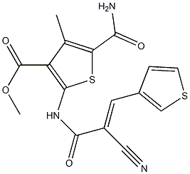 (E)-methyl 5-carbamoyl-2-(2-cyano-3-(thiophen-3-yl)acrylamido)-4-methylthiophene-3-carboxylate Struktur