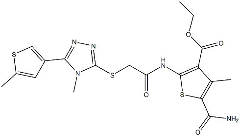 ethyl 5-carbamoyl-4-methyl-2-(2-((4-methyl-5-(5-methylthiophen-3-yl)-4H-1,2,4-triazol-3-yl)thio)acetamido)thiophene-3-carboxylate Struktur