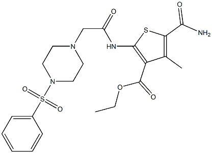 ethyl 5-carbamoyl-4-methyl-2-(2-(4-(phenylsulfonyl)piperazin-1-yl)acetamido)thiophene-3-carboxylate Struktur