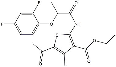 ethyl 5-acetyl-2-(2-(2,4-difluorophenoxy)propanamido)-4-methylthiophene-3-carboxylate Struktur