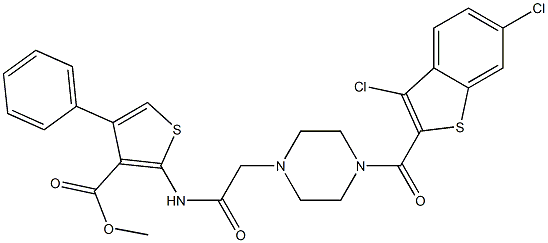 methyl 2-(2-(4-(3,6-dichlorobenzo[b]thiophene-2-carbonyl)piperazin-1-yl)acetamido)-4-phenylthiophene-3-carboxylate Struktur