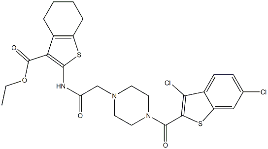 ethyl 2-(2-(4-(3,6-dichlorobenzo[b]thiophene-2-carbonyl)piperazin-1-yl)acetamido)-4,5,6,7-tetrahydrobenzo[b]thiophene-3-carboxylate Struktur