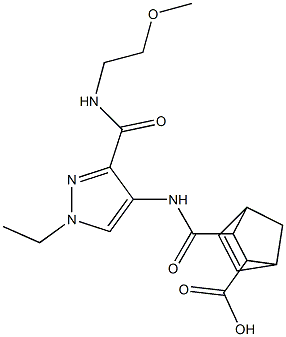 3-((1-ethyl-3-((2-methoxyethyl)carbamoyl)-1H-pyrazol-4-yl)carbamoyl)bicyclo[2.2.1]hept-5-ene-2-carboxylic acid Struktur