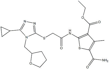 ethyl 5-carbamoyl-2-(2-((5-cyclopropyl-4-((tetrahydrofuran-2-yl)methyl)-4H-1,2,4-triazol-3-yl)thio)acetamido)-4-methylthiophene-3-carboxylate Struktur