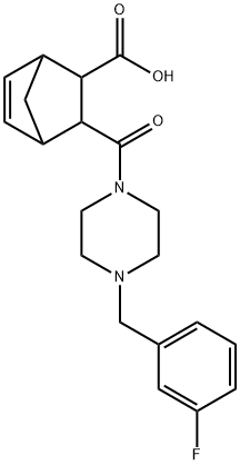 3-(4-(3-fluorobenzyl)piperazine-1-carbonyl)bicyclo[2.2.1]hept-5-ene-2-carboxylic acid Struktur