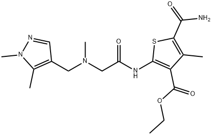 ethyl 5-carbamoyl-2-(2-(((1,5-dimethyl-1H-pyrazol-4-yl)methyl)(methyl)amino)acetamido)-4-methylthiophene-3-carboxylate Struktur