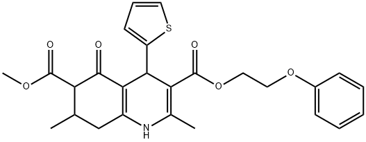 6-methyl 3-(2-phenoxyethyl) 2,7-dimethyl-5-oxo-4-(thiophen-2-yl)-1,4,5,6,7,8-hexahydroquinoline-3,6-dicarboxylate Struktur