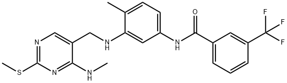 N-(4-methyl-3-((4-(methylamino)-2-(methylthio)pyrimidin-5-yl)methylamino)phenyl)-3-(trifluoromethyl)benzamide Struktur