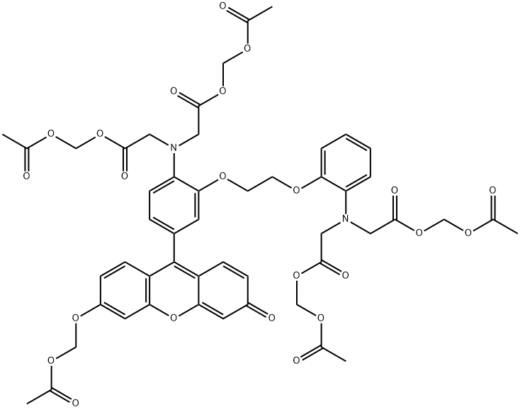 N-[2-[(Acetyloxy)methoxy]-2-oxoethyl]-N-[2-[2-[5-[6-[(acetyloxy)methoxy]-3-oxo-3H-xanthen-9-yl]-2-[bis[2-[(acetyloxy)methoxy]-2-oxoethyl]amino]phenoxy]ethoxy]phenyl]glycine (acetyloxy)methyl ester Struktur