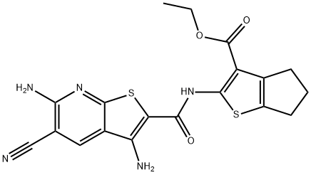 ethyl 2-{[(3,6-diamino-5-cyanothieno[2,3-b]pyridin-2-yl)carbonyl]amino}-5,6-dihydro-4H-cyclopenta[b]thiophene-3-carboxylate Struktur