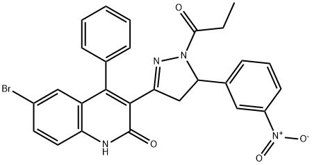 1-(3-(6-bromo-2-hydroxy-4-phenylquinolin-3-yl)-5-(3-nitrophenyl)-4,5-dihydro-1H-pyrazol-1-yl)propan-1-one Struktur