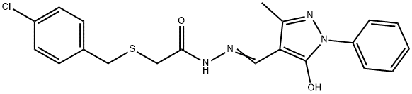 2-[(4-chlorobenzyl)sulfanyl]-N'-[(E)-(5-hydroxy-3-methyl-1-phenyl-1H-pyrazol-4-yl)methylidene]acetohydrazide Struktur