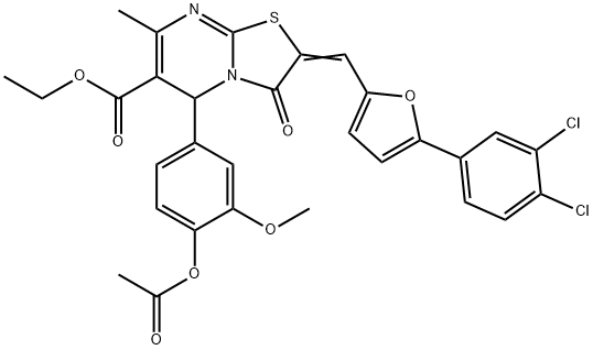 (E)-ethyl 5-(4-acetoxy-3-methoxyphenyl)-2-((5-(3,4-dichlorophenyl)furan-2-yl)methylene)-7-methyl-3-oxo-3,5-dihydro-2H-thiazolo[3,2-a]pyrimidine-6-carboxylate Struktur