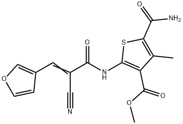 (E)-methyl 5-carbamoyl-2-(2-cyano-3-(furan-3-yl)acrylamido)-4-methylthiophene-3-carboxylate Struktur