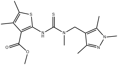 methyl 4,5-dimethyl-2-(3-methyl-3-((1,3,5-trimethyl-1H-pyrazol-4-yl)methyl)thioureido)thiophene-3-carboxylate Struktur