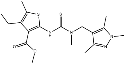 methyl 4-ethyl-5-methyl-2-(3-methyl-3-((1,3,5-trimethyl-1H-pyrazol-4-yl)methyl)thioureido)thiophene-3-carboxylate Struktur