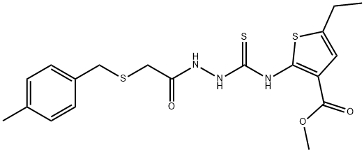 methyl 5-ethyl-2-(2-(2-((4-methylbenzyl)thio)acetyl)hydrazinecarbothioamido)thiophene-3-carboxylate Struktur