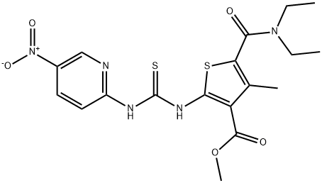 methyl 5-(diethylcarbamoyl)-4-methyl-2-(3-(5-nitropyridin-2-yl)thioureido)thiophene-3-carboxylate Struktur