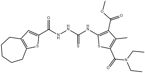 methyl 5-(diethylcarbamoyl)-4-methyl-2-(2-(5,6,7,8-tetrahydro-4H-cyclohepta[b]thiophene-2-carbonyl)hydrazinecarbothioamido)thiophene-3-carboxylate Struktur