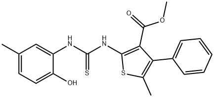 methyl 2-(3-(2-hydroxy-5-methylphenyl)thioureido)-5-methyl-4-phenylthiophene-3-carboxylate Struktur