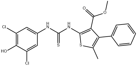 methyl 2-(3-(3,5-dichloro-4-hydroxyphenyl)thioureido)-5-methyl-4-phenylthiophene-3-carboxylate Struktur