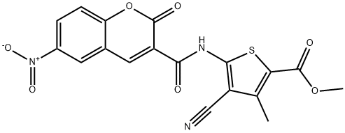 methyl 4-cyano-3-methyl-5-(6-nitro-2-oxo-2H-chromene-3-carboxamido)thiophene-2-carboxylate Struktur