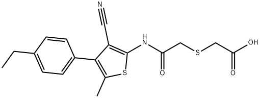 2-((2-((3-cyano-4-(4-ethylphenyl)-5-methylthiophen-2-yl)amino)-2-oxoethyl)thio)acetic acid Struktur