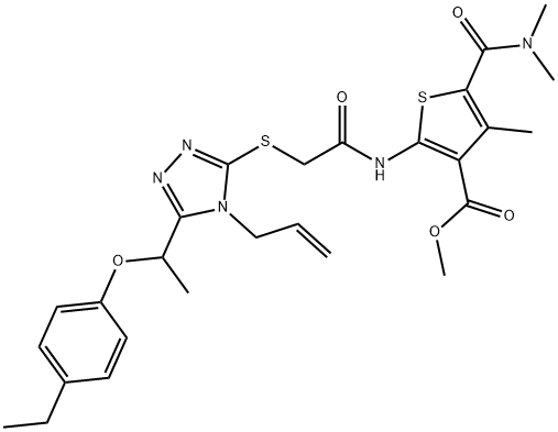 methyl 2-(2-((4-allyl-5-(1-(4-ethylphenoxy)ethyl)-4H-1,2,4-triazol-3-yl)thio)acetamido)-5-(dimethylcarbamoyl)-4-methylthiophene-3-carboxylate Struktur