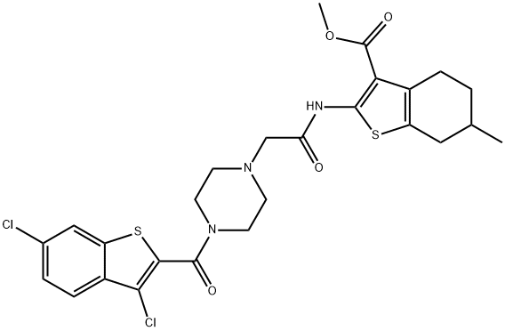 methyl 2-(2-(4-(3,6-dichlorobenzo[b]thiophene-2-carbonyl)piperazin-1-yl)acetamido)-6-methyl-4,5,6,7-tetrahydrobenzo[b]thiophene-3-carboxylate Struktur