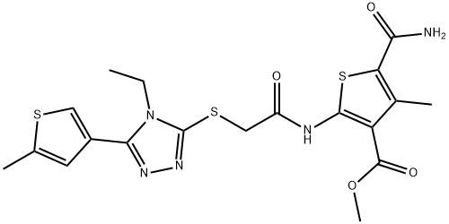 methyl 5-carbamoyl-2-(2-((4-ethyl-5-(5-methylthiophen-3-yl)-4H-1,2,4-triazol-3-yl)thio)acetamido)-4-methylthiophene-3-carboxylate Struktur