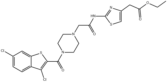 ethyl 2-(2-(2-(4-(3,6-dichlorobenzo[b]thiophene-2-carbonyl)piperazin-1-yl)acetamido)thiazol-4-yl)acetate Struktur