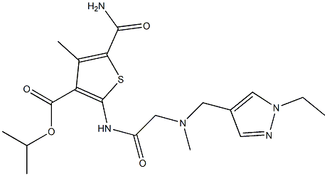 isopropyl 5-carbamoyl-2-(2-(((1-ethyl-1H-pyrazol-4-yl)methyl)(methyl)amino)acetamido)-4-methylthiophene-3-carboxylate Struktur