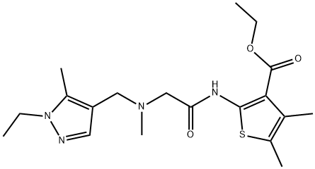 ethyl 2-(2-(((1-ethyl-5-methyl-1H-pyrazol-4-yl)methyl)(methyl)amino)acetamido)-4,5-dimethylthiophene-3-carboxylate Struktur