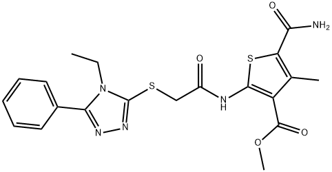 methyl 5-carbamoyl-2-(2-((4-ethyl-5-phenyl-4H-1,2,4-triazol-3-yl)thio)acetamido)-4-methylthiophene-3-carboxylate Struktur