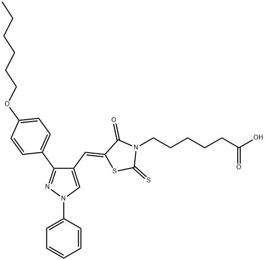 (Z)-6-(5-((3-(4-(hexyloxy)phenyl)-1-phenyl-1H-pyrazol-4-yl)methylene)-4-oxo-2-thioxothiazolidin-3-yl)hexanoic acid Struktur