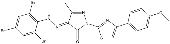 2-[4-(4-methoxyphenyl)-1,3-thiazol-2-yl]-5-methyl-4-[(2,4,6-tribromophenyl)hydrazono]-2,4-dihydro-3H-pyrazol-3-one Struktur