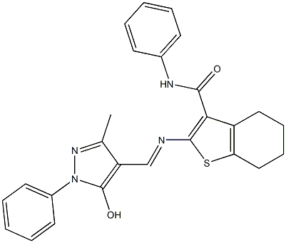 (E)-2-(((5-hydroxy-3-methyl-1-phenyl-1H-pyrazol-4-yl)methylene)amino)-N-phenyl-4,5,6,7-tetrahydrobenzo[b]thiophene-3-carboxamide Struktur